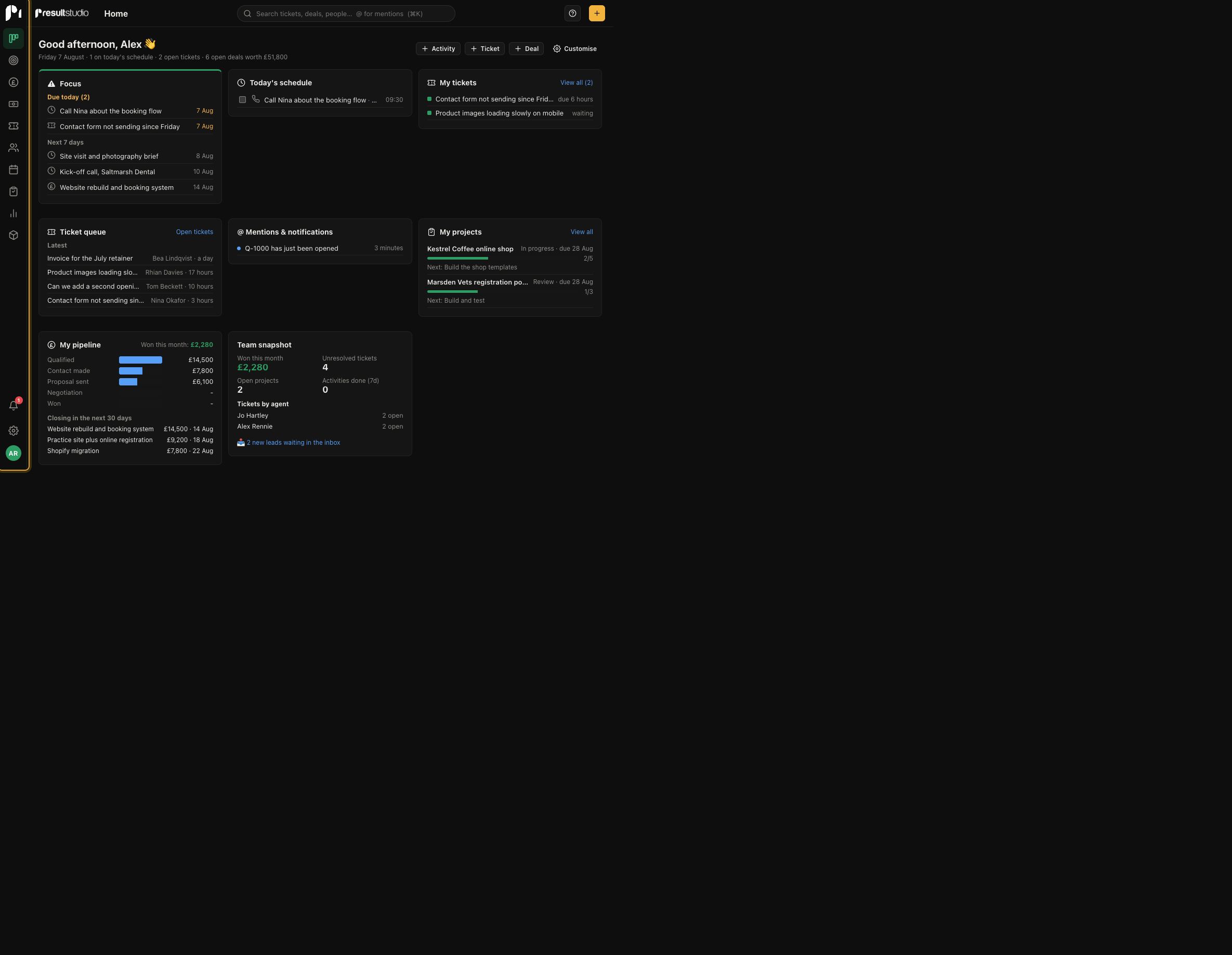 The Home screen, with the rail down the left and search across the top