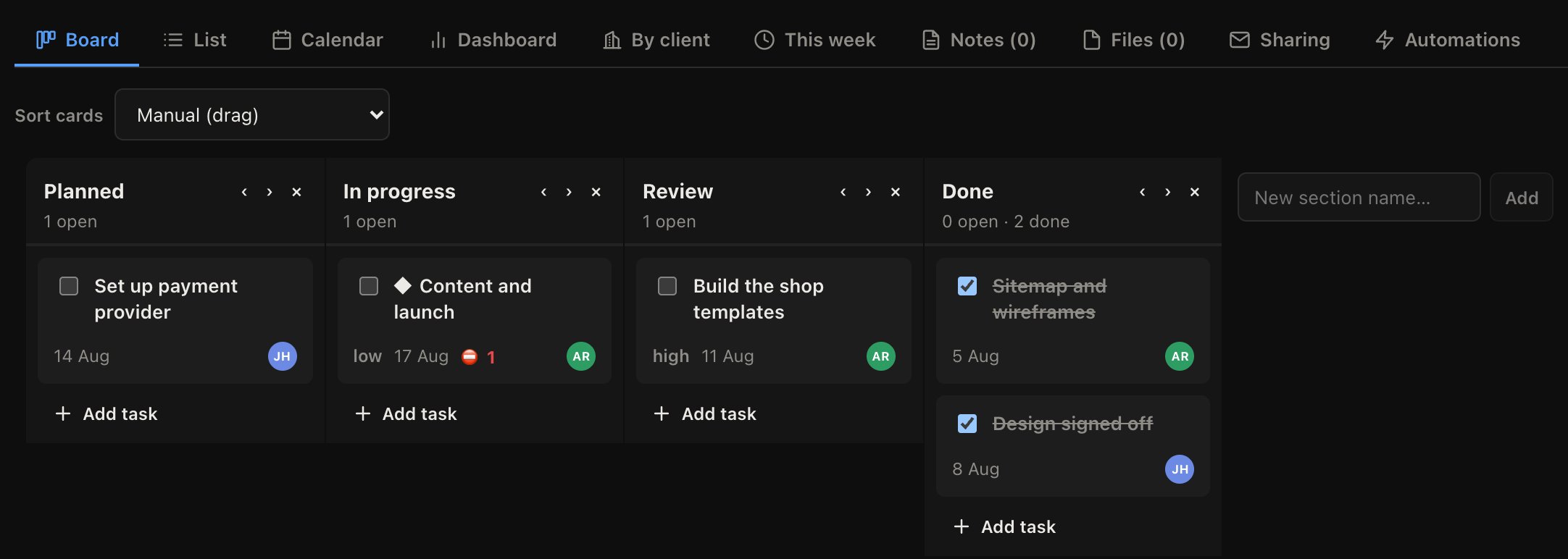 A project board, one column per section