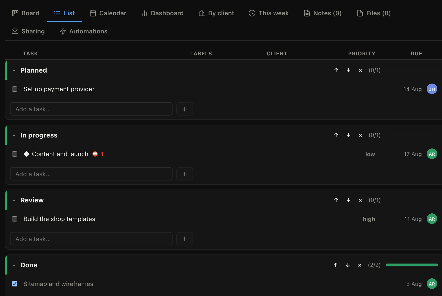 The task list, with a column for each field