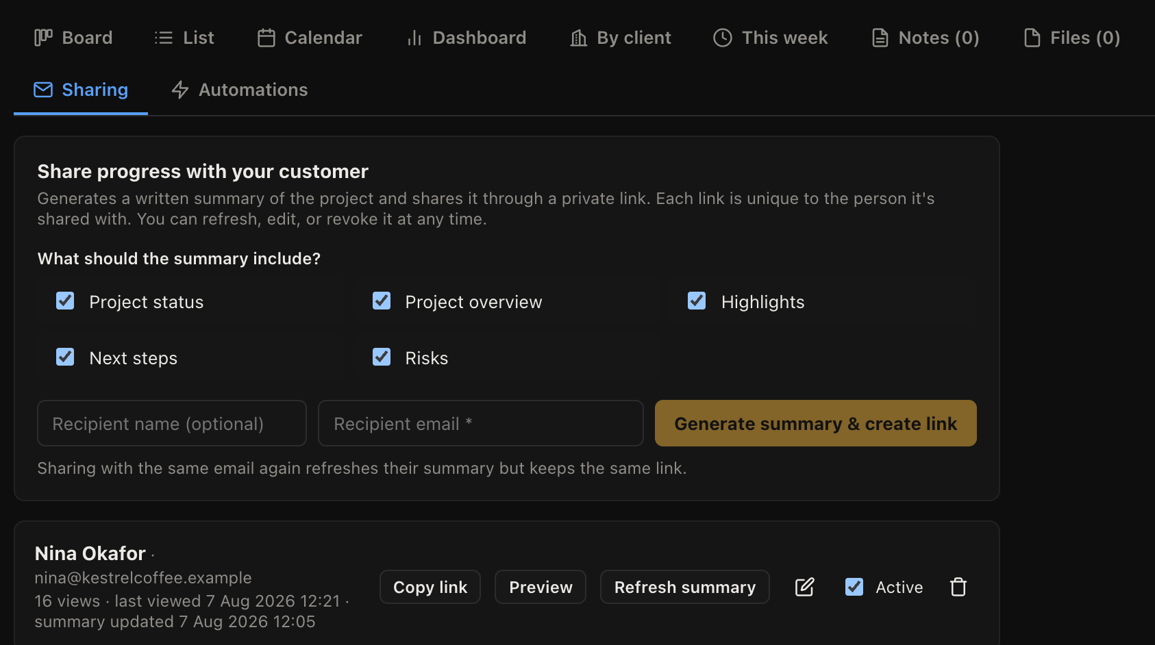 The sharing tab, with a live link and the summary it generated