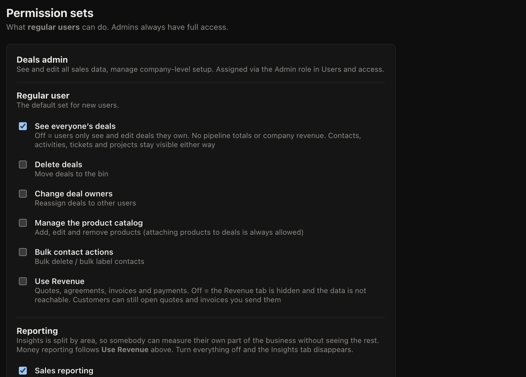 The permission set screen