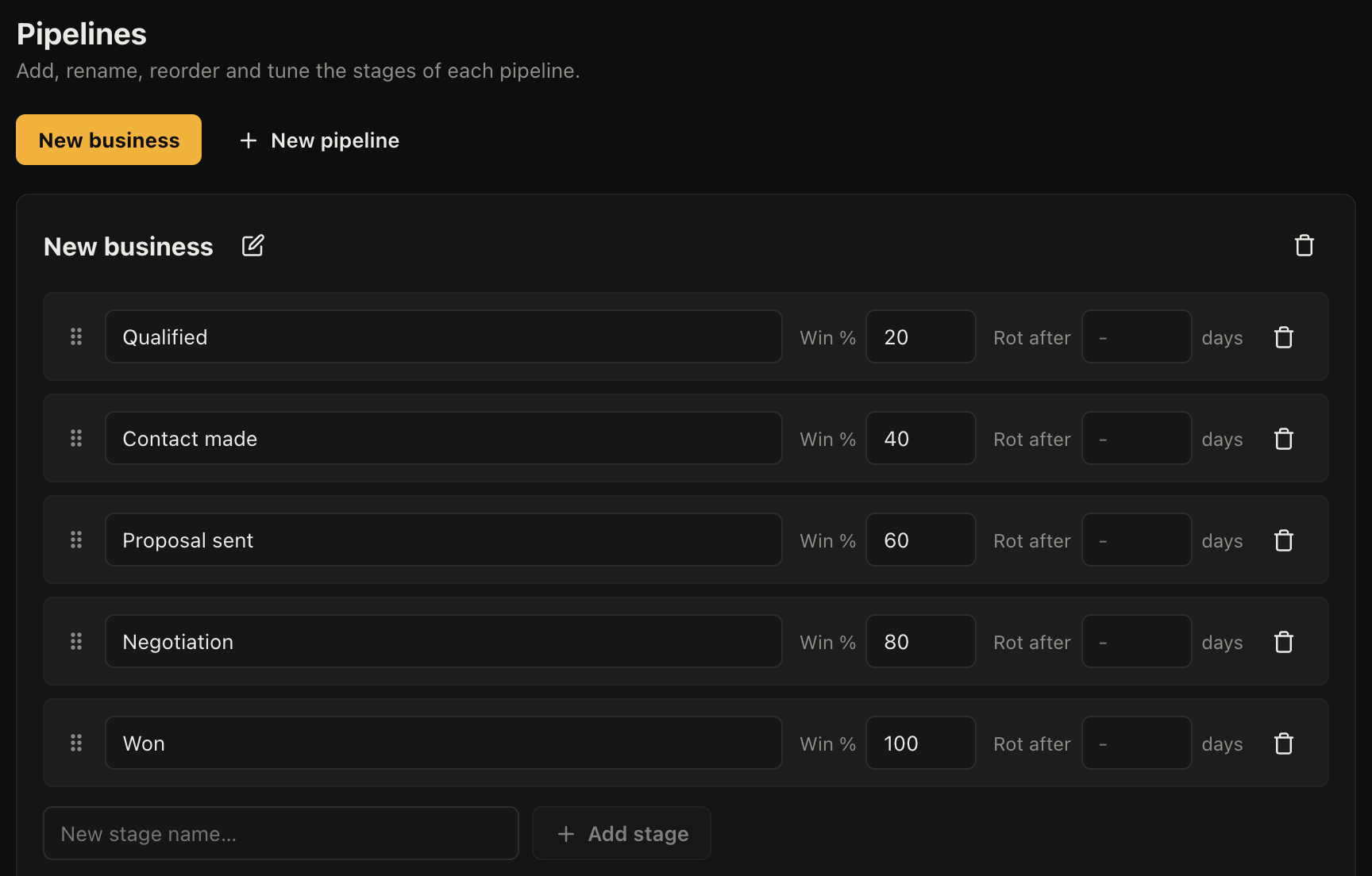 The pipeline editor, with stages and their settings