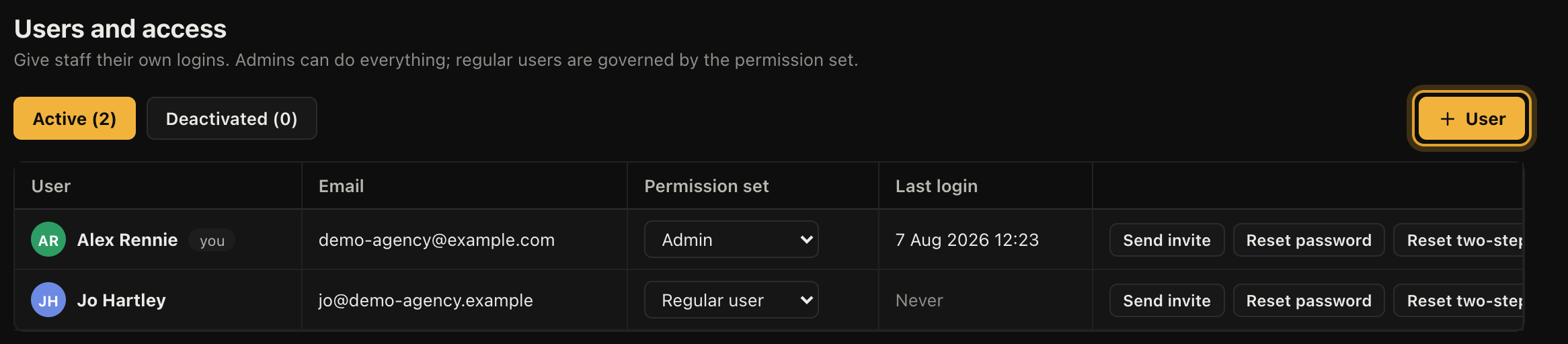 Users and access, with the add user panel open