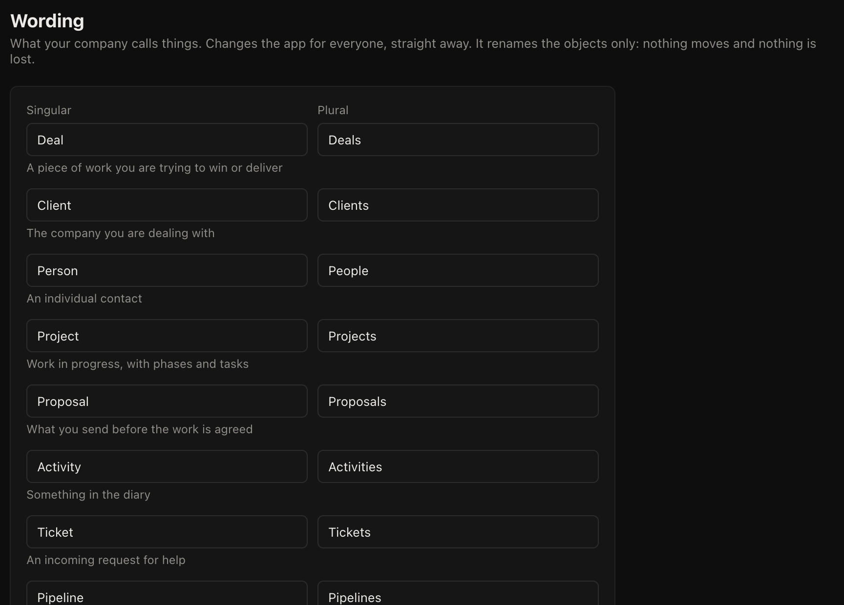The wording screen, with each noun and its singular and plural
