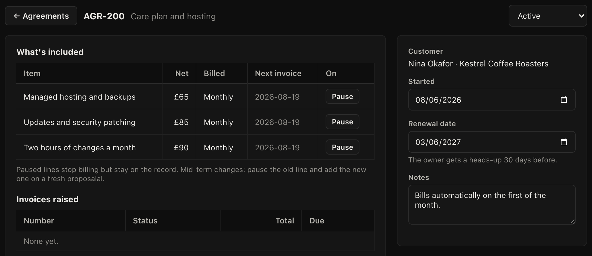 An agreement with recurring billing lines and a renewal date