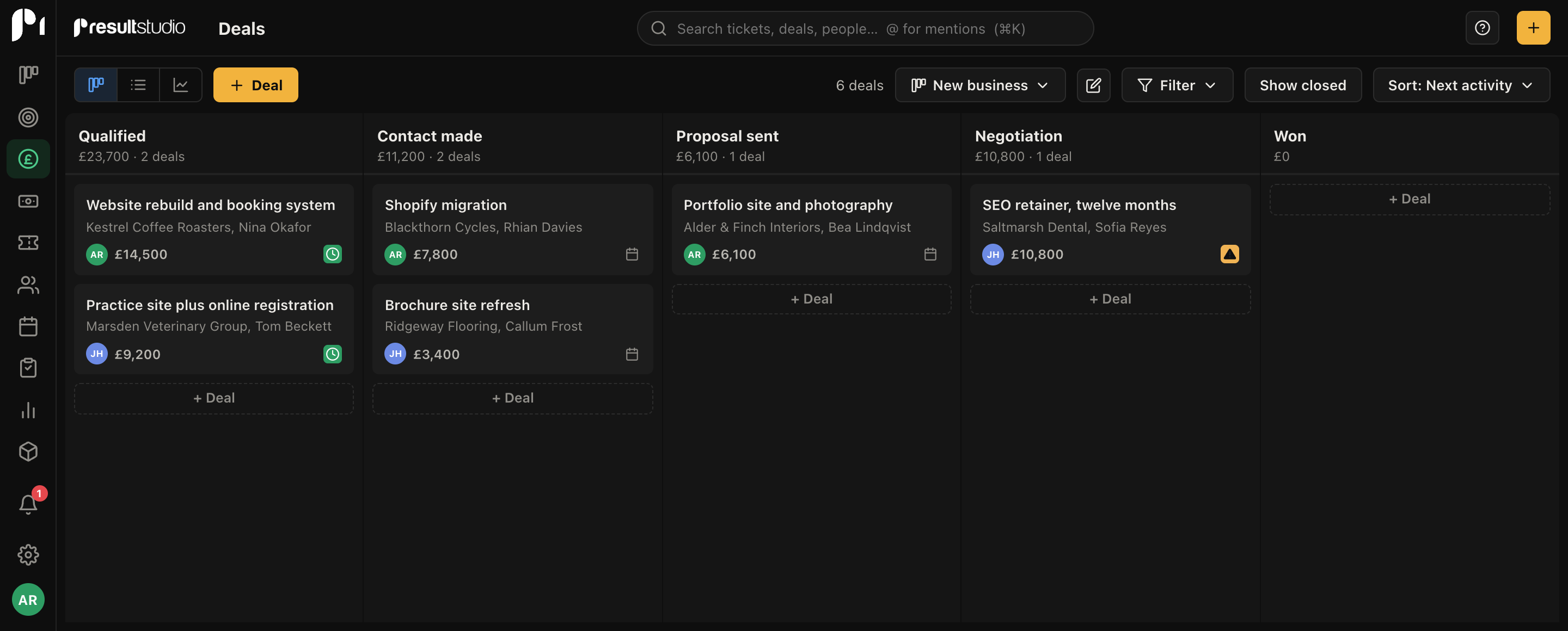 A sales pipeline with deals arranged across stages you name yourself