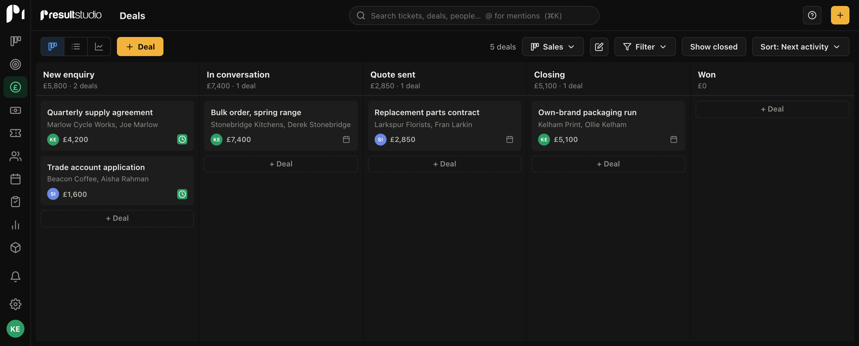 A sales pipeline with enquiries across stages