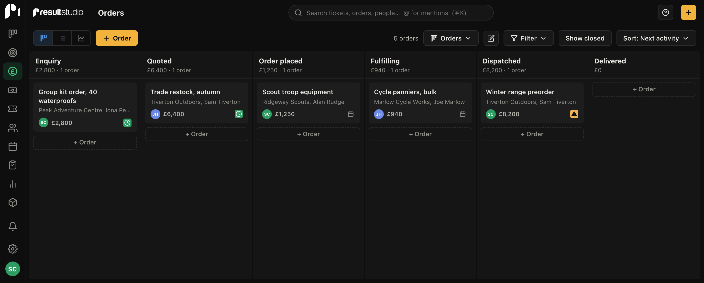 Orders from enquiry and quote through fulfilling to delivered