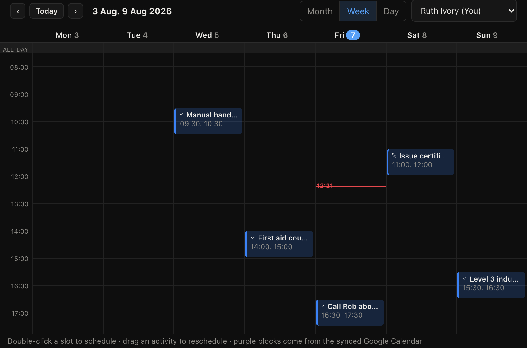 A week of courses on the shared calendar