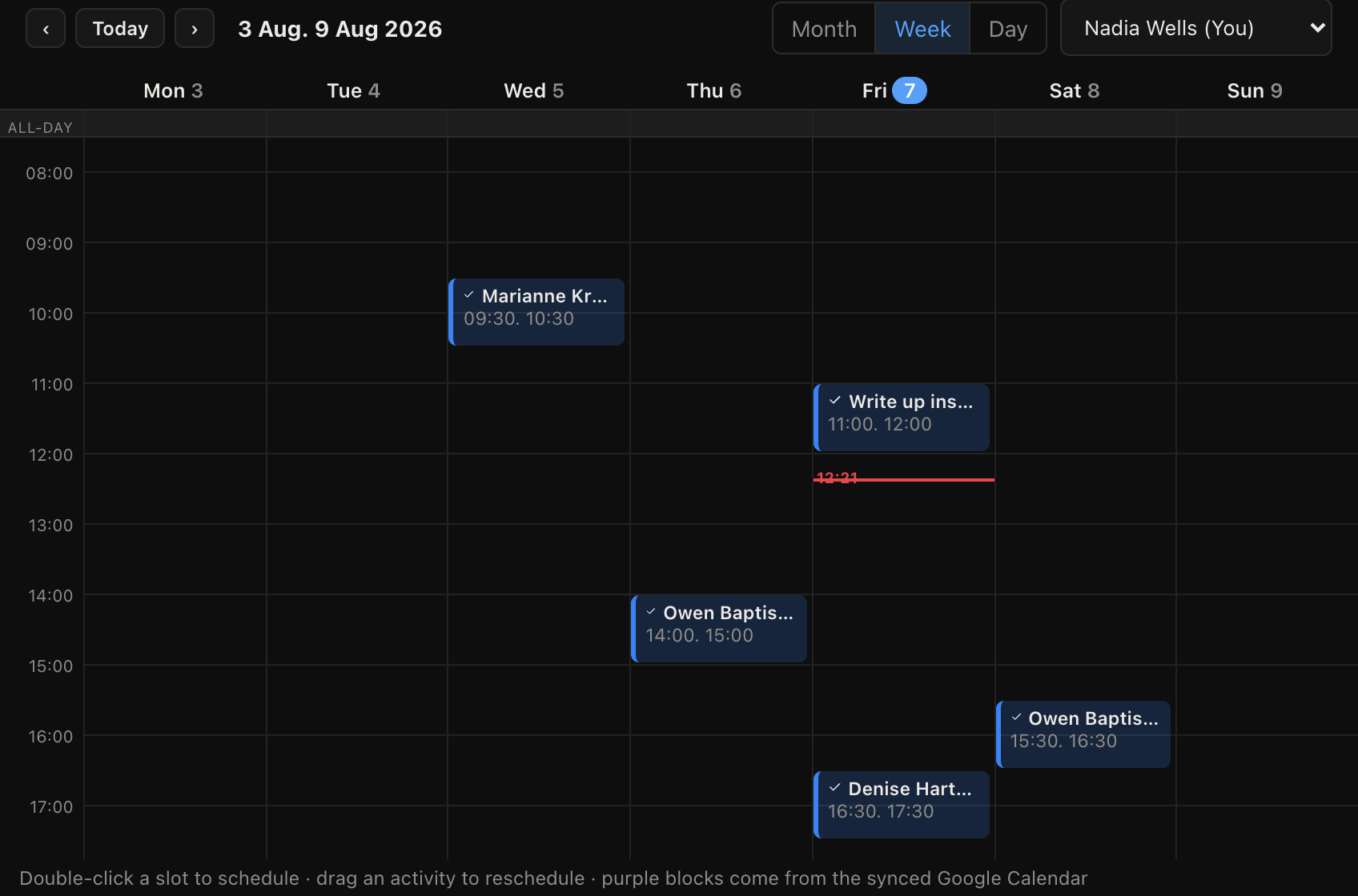 A week of appointments on the shared calendar