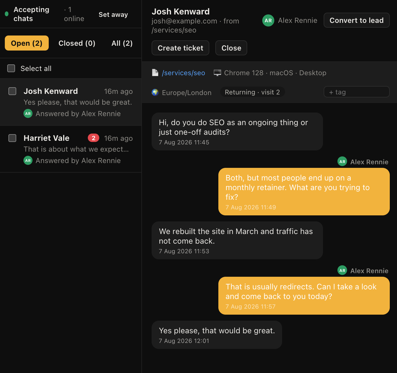 A live chat conversation with a website visitor, answered from the team inbox