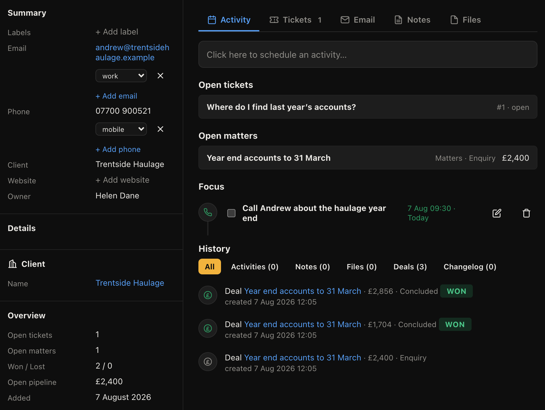 A client record showing matters, requests and correspondence together
