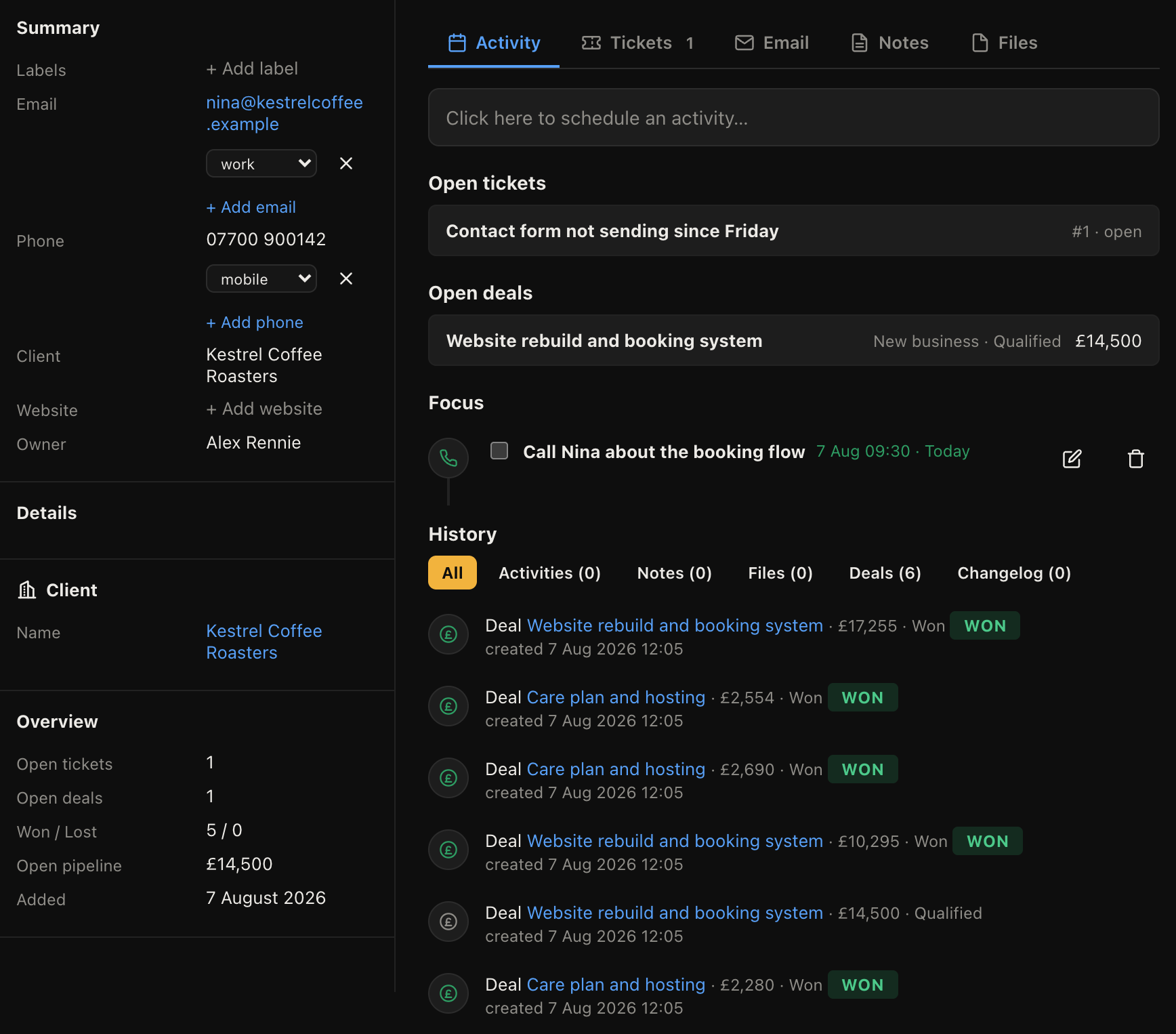 A contact record showing deals, tickets, email and history together