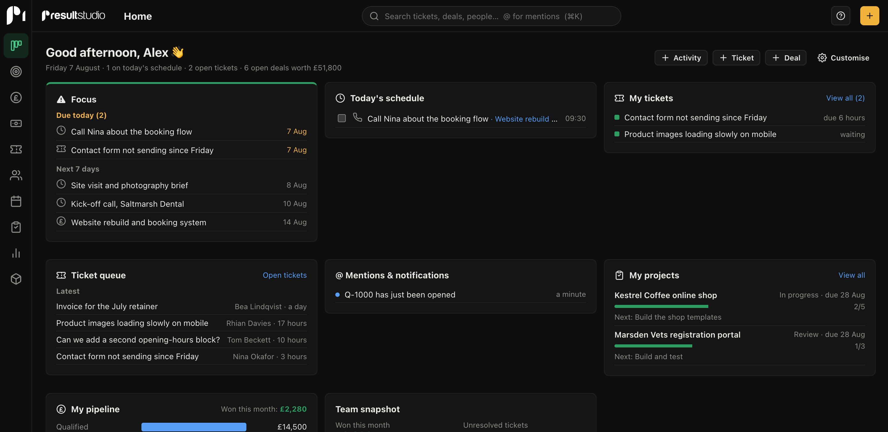 The Result Studio home screen, with today's schedule, open tickets, projects and pipeline on one page