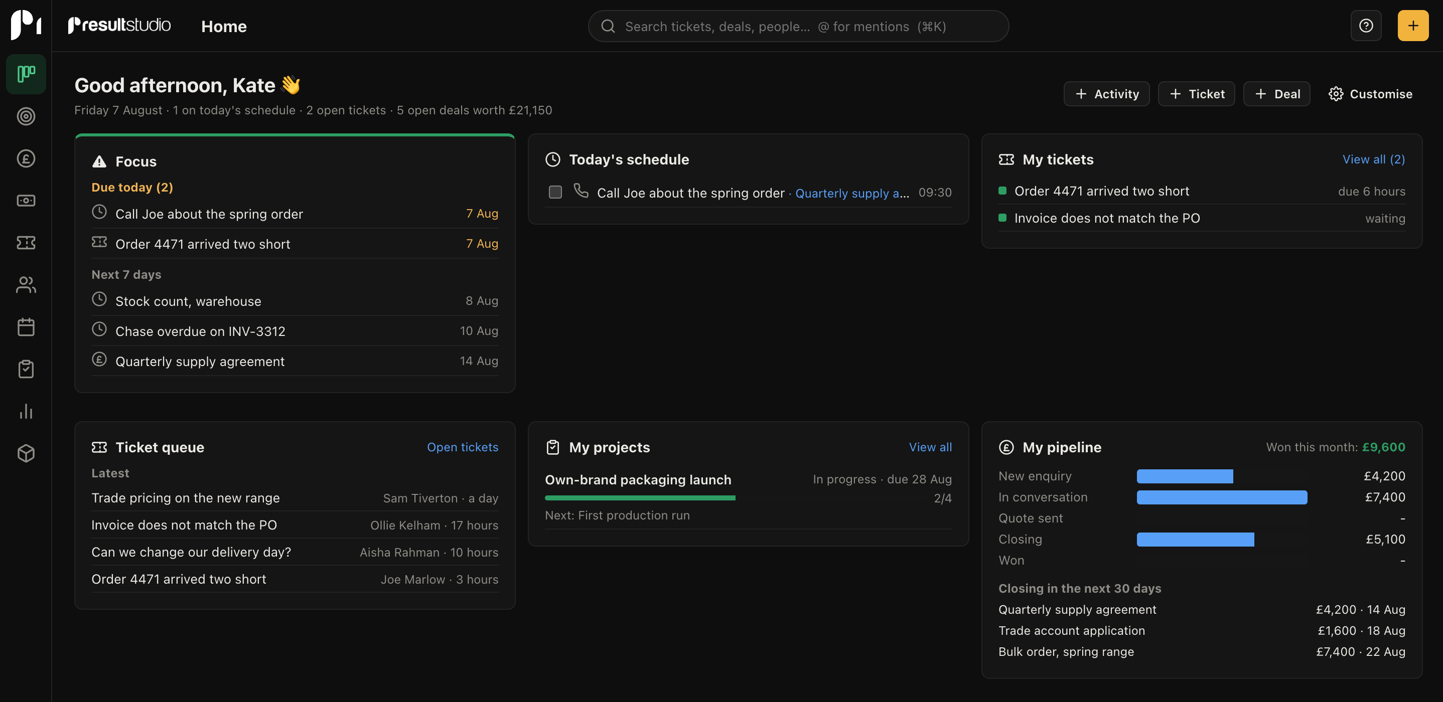 The Result Studio home screen showing today's work across sales and support