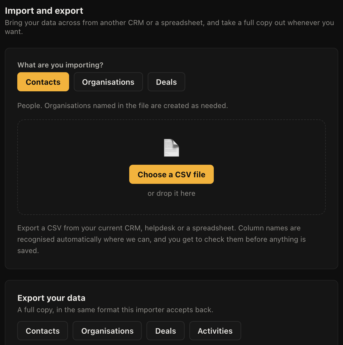 Importing contacts from a CSV file, with the columns mapped before anything is written