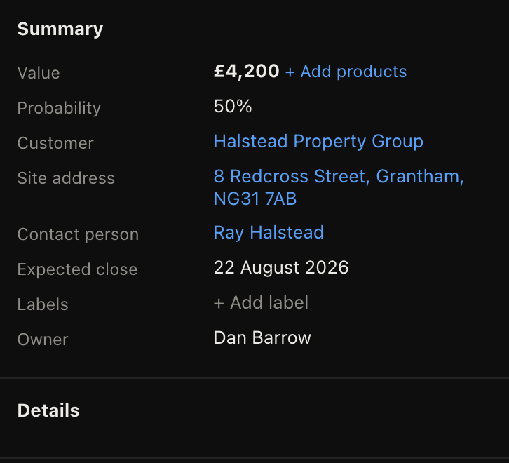 A job record with its own site address, separate from the customer it bills