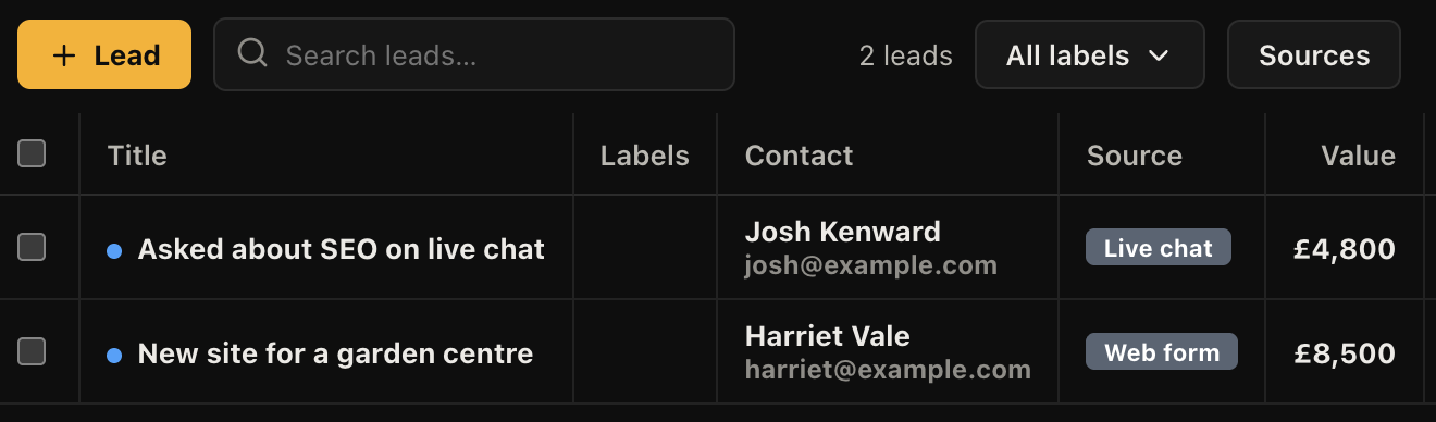 Enquiries queued in the leads inbox before any of them become a deal