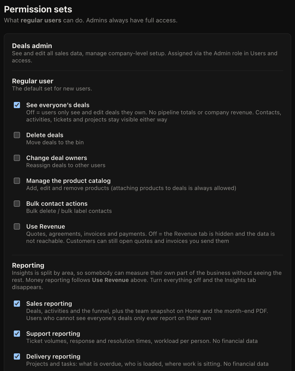 Per-person control over who can see fees, reporting and other people's work