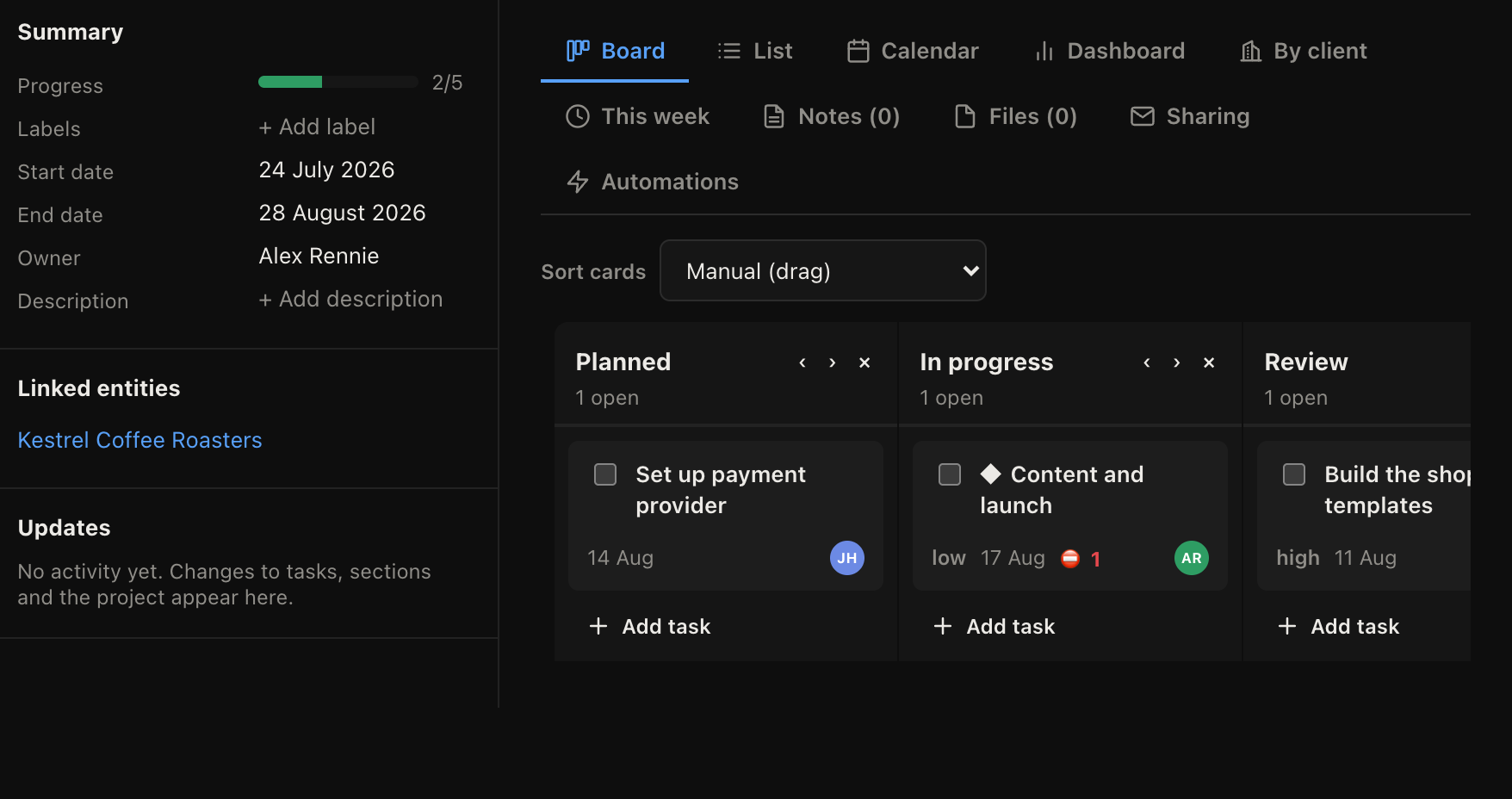 A project task list with assignees, due dates and what is already done