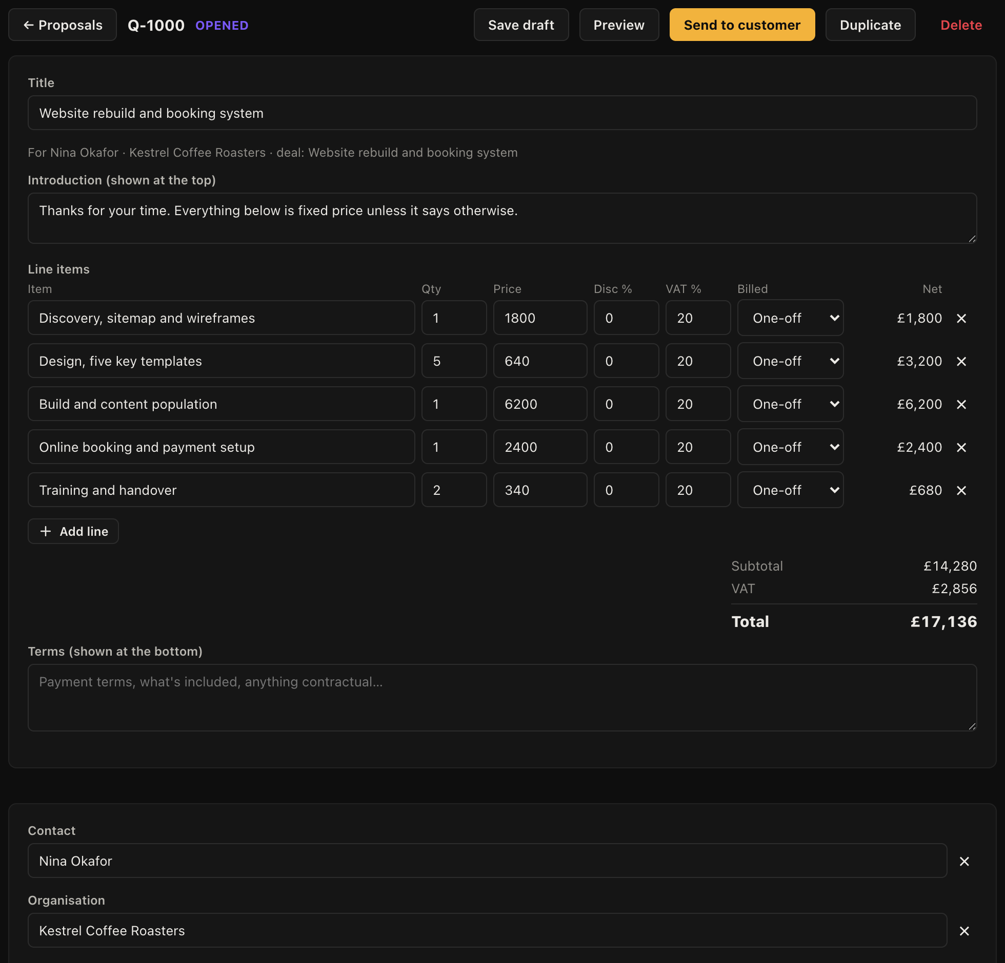A proposal with priced line items, VAT and a total