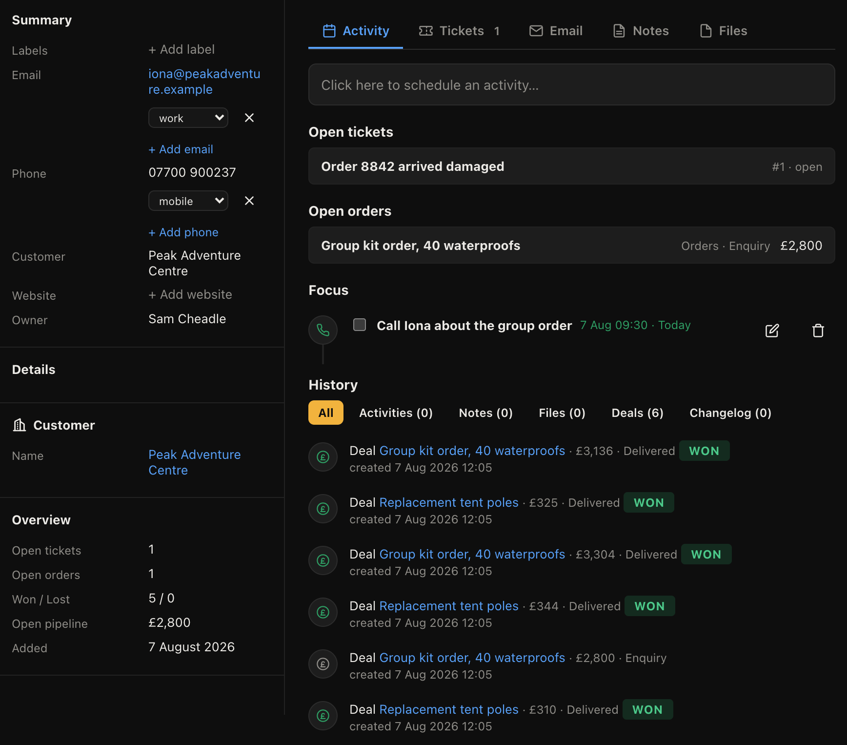 A trade customer record with their orders and history