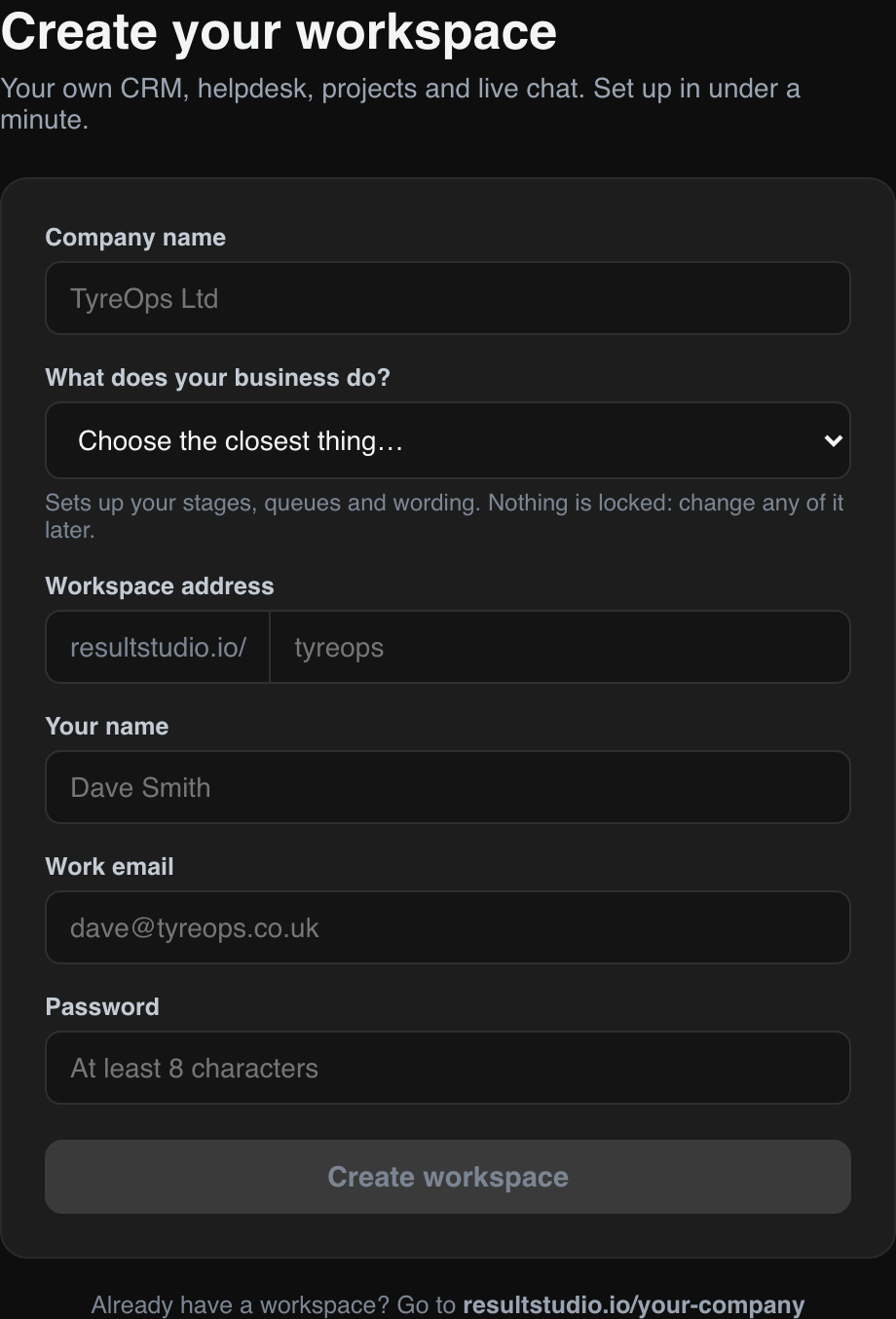 Creating a Result Studio workspace and choosing what the business does