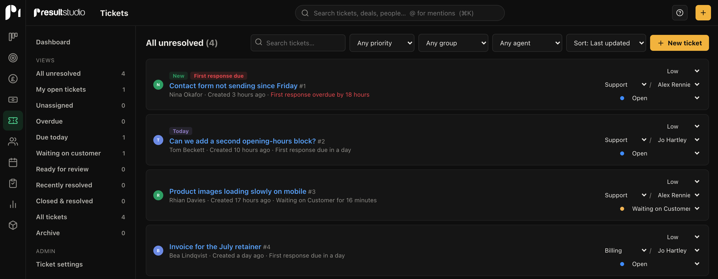 The ticket queue with statuses, response deadlines and assignees